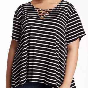 WEST KEI Lace Up Neck Black & White Striped Tee Short Blouse Casual Preppy 1X